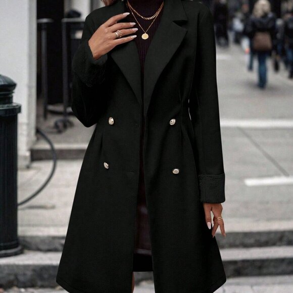 Black Casual Women's Lapel Neck Double Breasted Overcoat